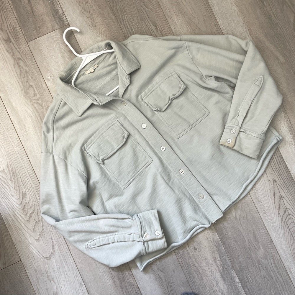 Leallo Buttonup Shacket crop long sleeve womens Blue small boho oversized casual